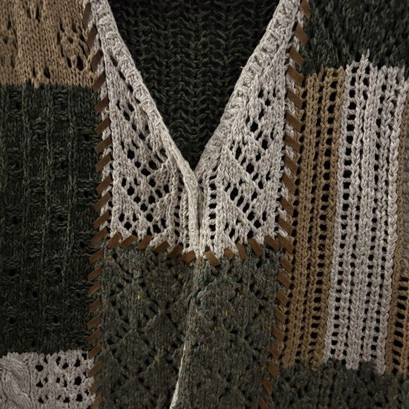 Vtg IVY Hand Knit Patchwork Sweater Vest Earthy Green Tan Crochet Cottagecore M - Picture 6 of 10
